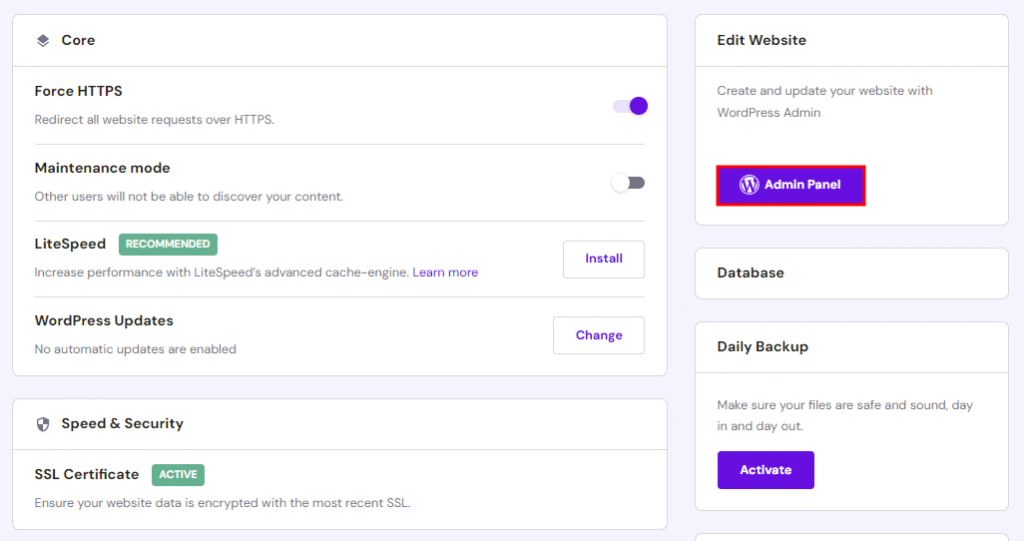 Hostinger Admin Panel