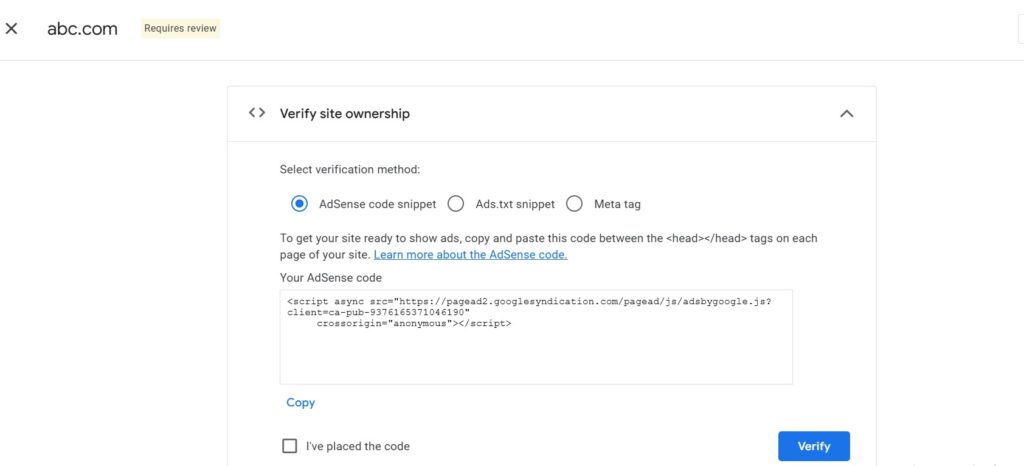 AdSense Verify Site Code
