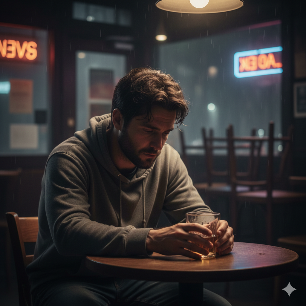 Lonely Man sitting alone with a Sad expression Prompt