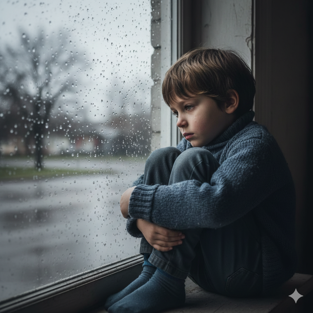 Sad Boy staring out the window, lost in thoughts Prompt